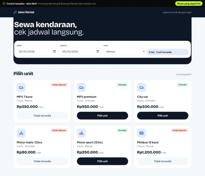 Booking & Reservations Rental demo preview